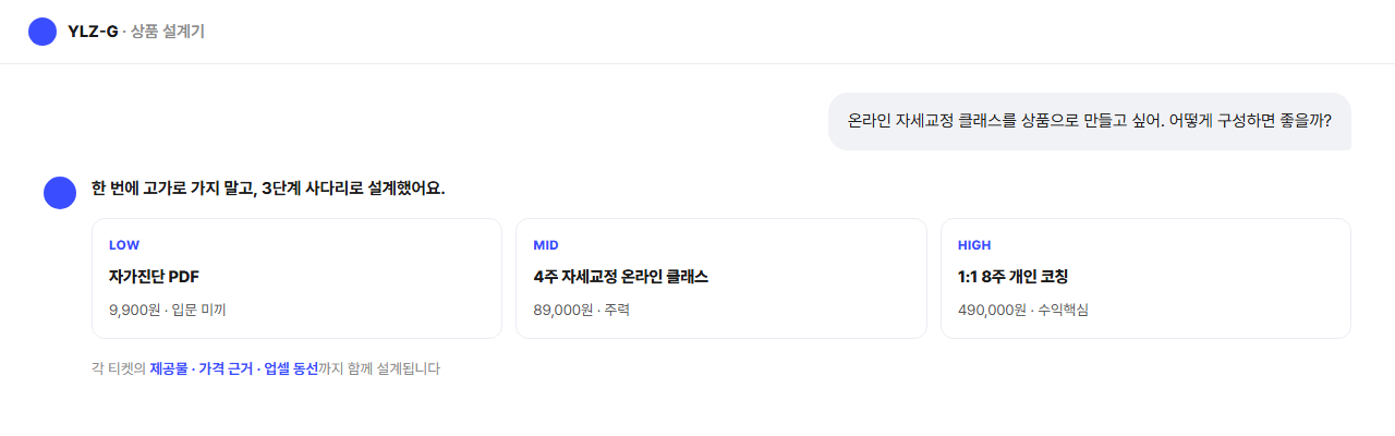 아이디어를 로우·미드·하이 3단계 상품 구조로 설계해주는 YLZ-G 챗봇 화면